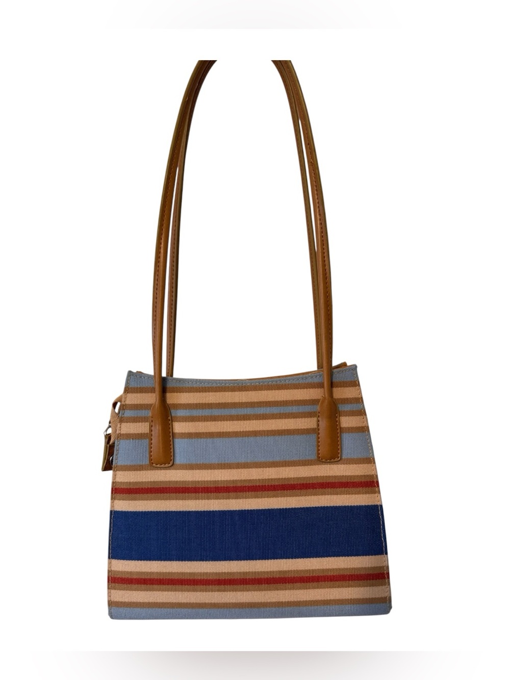 Striped Small Canvas Shoulder Bag Blue Tan Rust Minor Wear Faux Leather Strap - Picture 1 of 16
